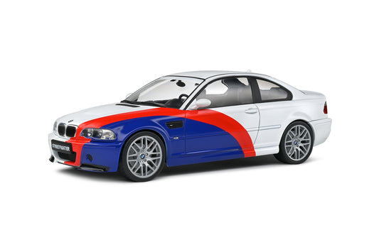 1:18 BMW M3 E46 Coupe Streetfighter, 2000, hvid med blå/rød stribe, Solido 1806505, delvis åben model