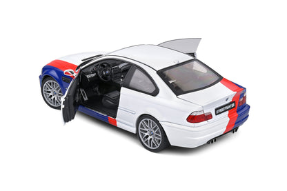 1:18 BMW M3 E46 Coupe Streetfighter, 2000, hvid med blå/rød stribe, Solido 1806505, delvis åben model