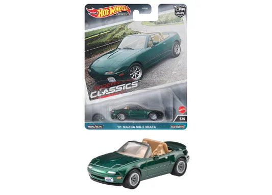 1:64 Mazda MX-5 Miata, 1991, grøn, Hot Wheels HKC68, Modern Classics