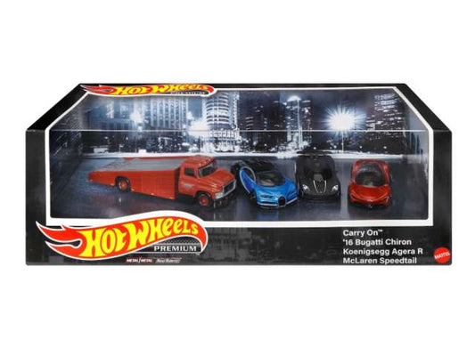 1:64 Hot Wheels Premium set, #10 Hyper Cars, Bugatti Chiron - Koenigsegg - McLaren Speedtail - Carry on truck
