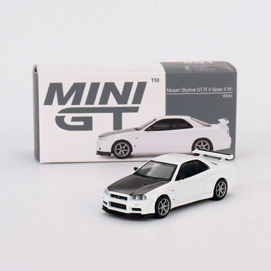 1:64 Nissan Skyline GT-R R34 V-Spec, 2007 hvid, MiniGT, 501