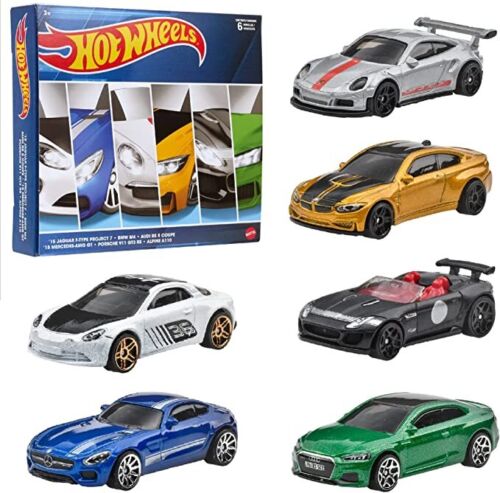 1:64 Hot Wheels 6-pack, European Speed Machines, Jaguar F-Type Projekt 7, BMW M4, Audi RS5 Coupe, Mercedes-AMG GT, Porsche 911 GT3, Alpine A110