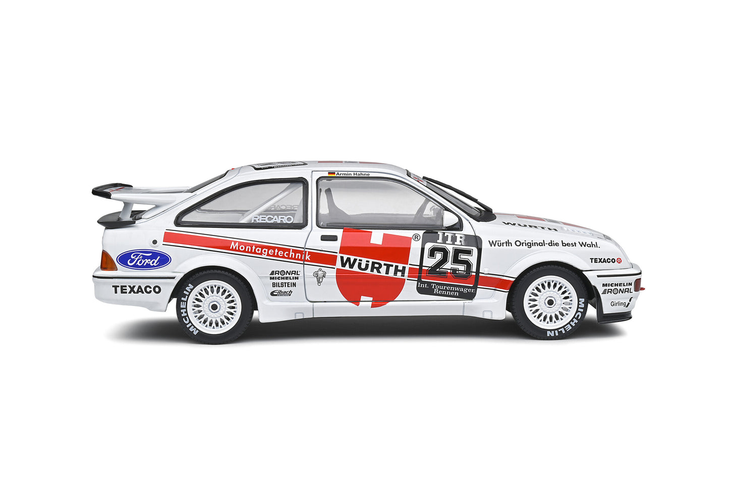 1:18 Ford Sierra Cosworth RS500, 1988, hvid/rød, Team Würth, #25 Hahne, Solido 1806105, delvis åben model